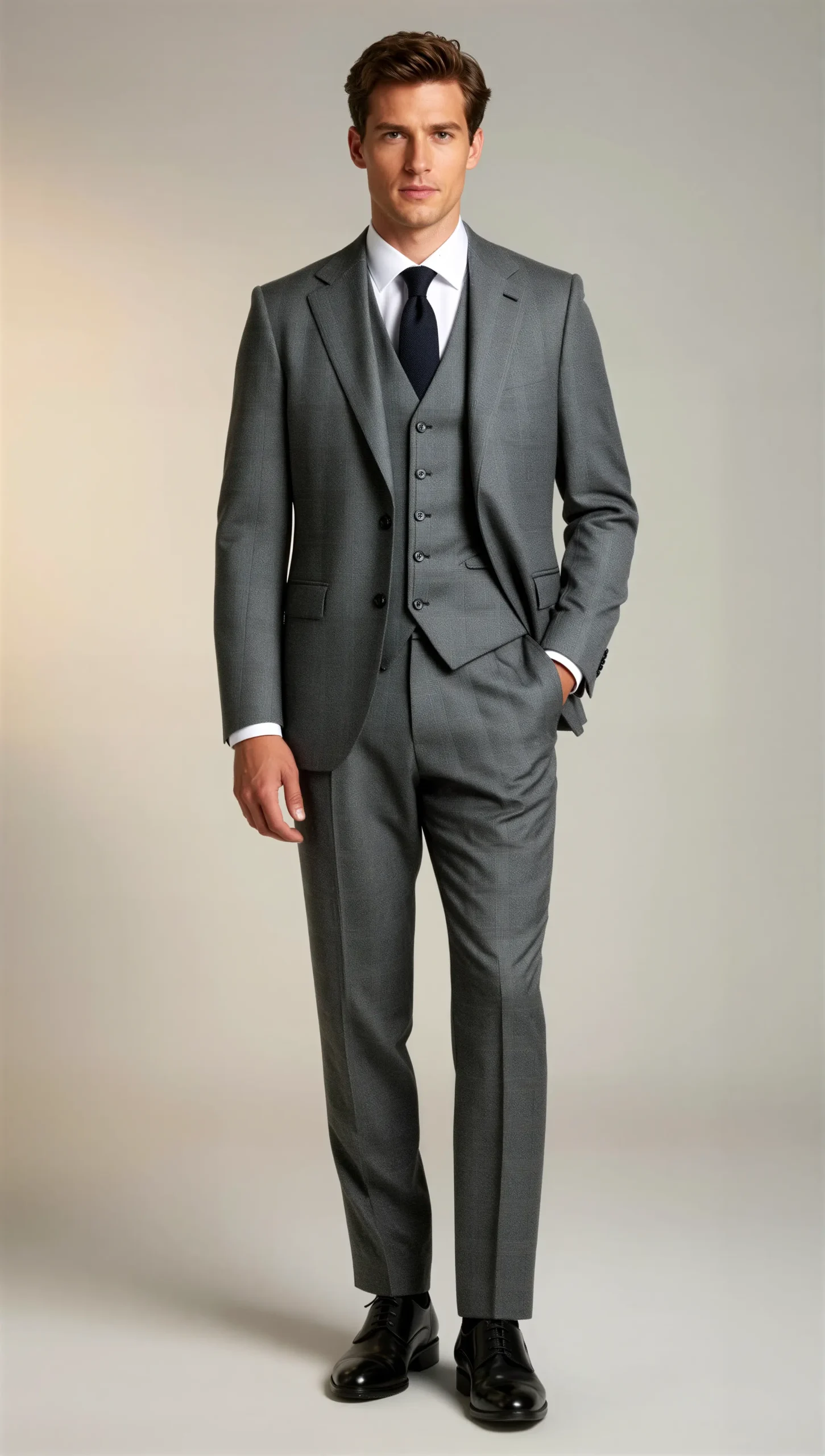 Three piece suit single breasted notch Prince of wales grey check