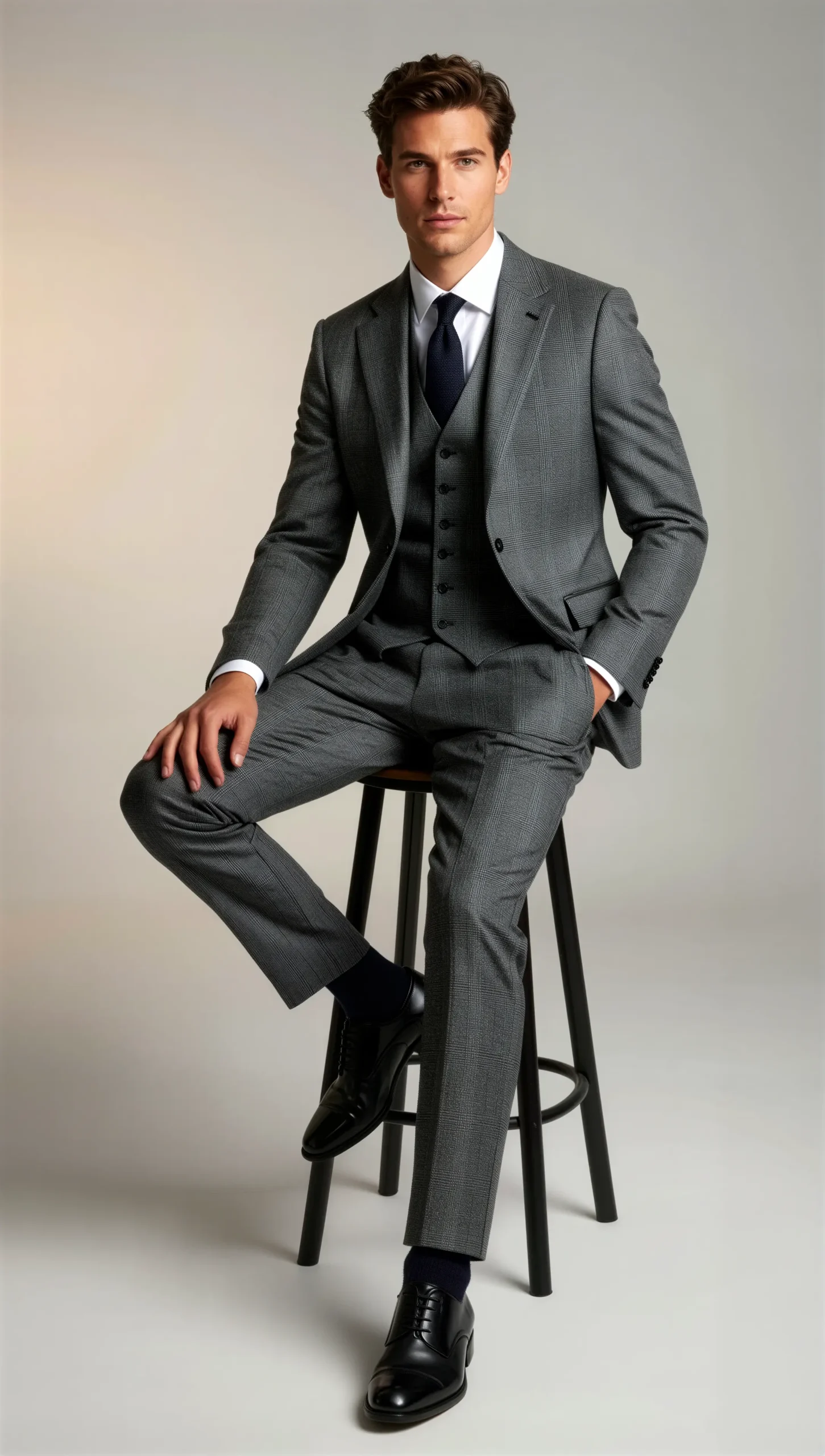 Three piece suit single breasted notch Prince of wales grey check