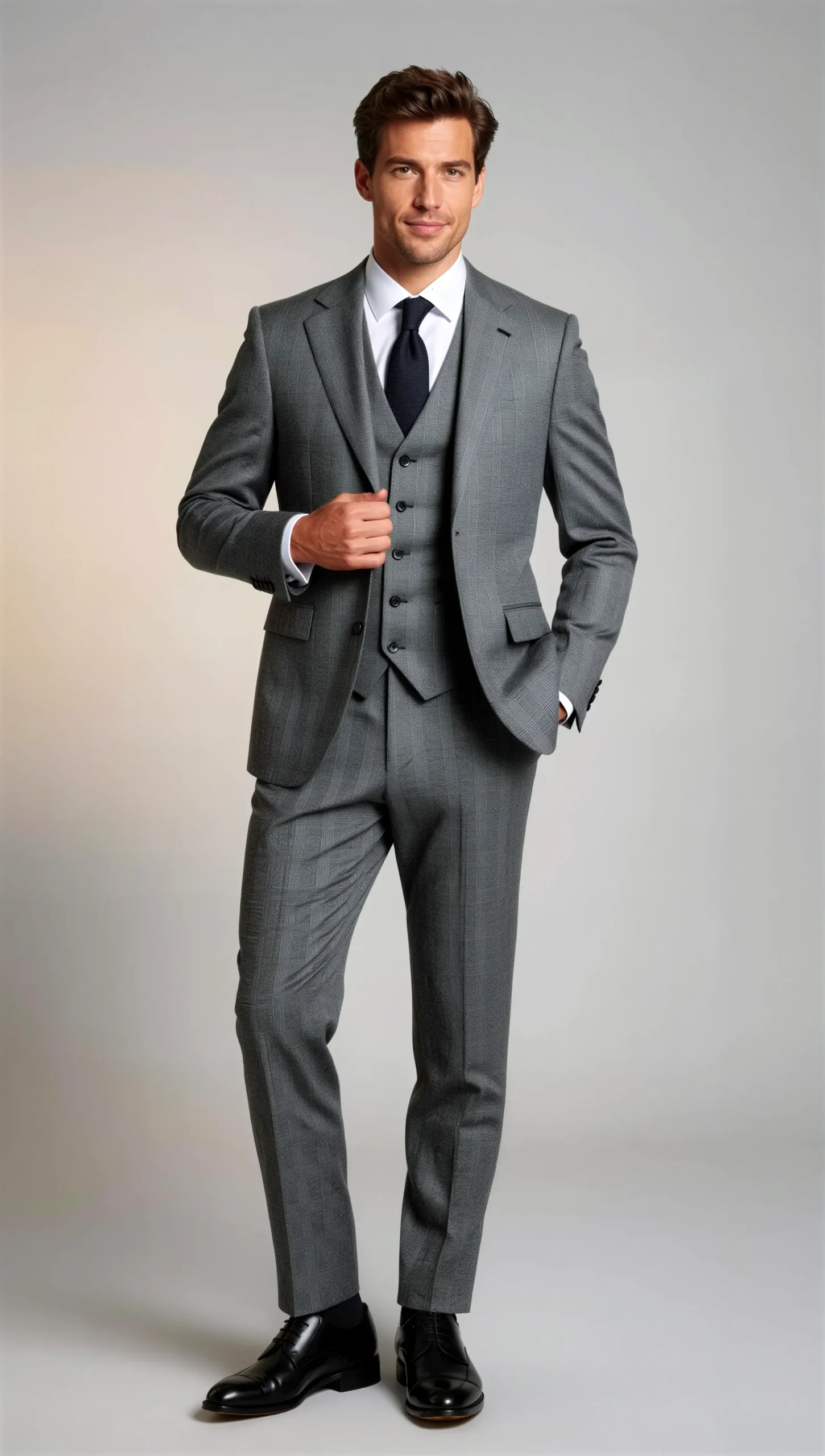 Three piece suit single breasted notch Prince of wales grey check