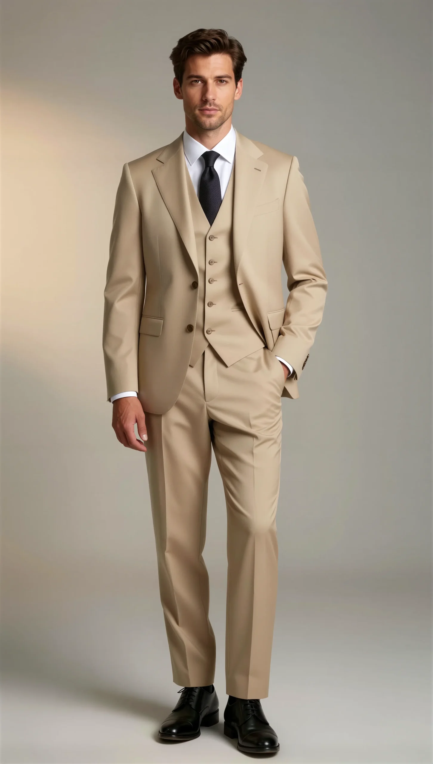 Beige Tan Three-Piece Suit – Notch Lapel