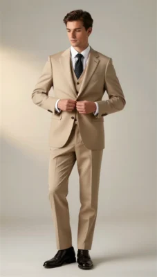 Beige Tan Three-Piece Suit – Notch Lapel