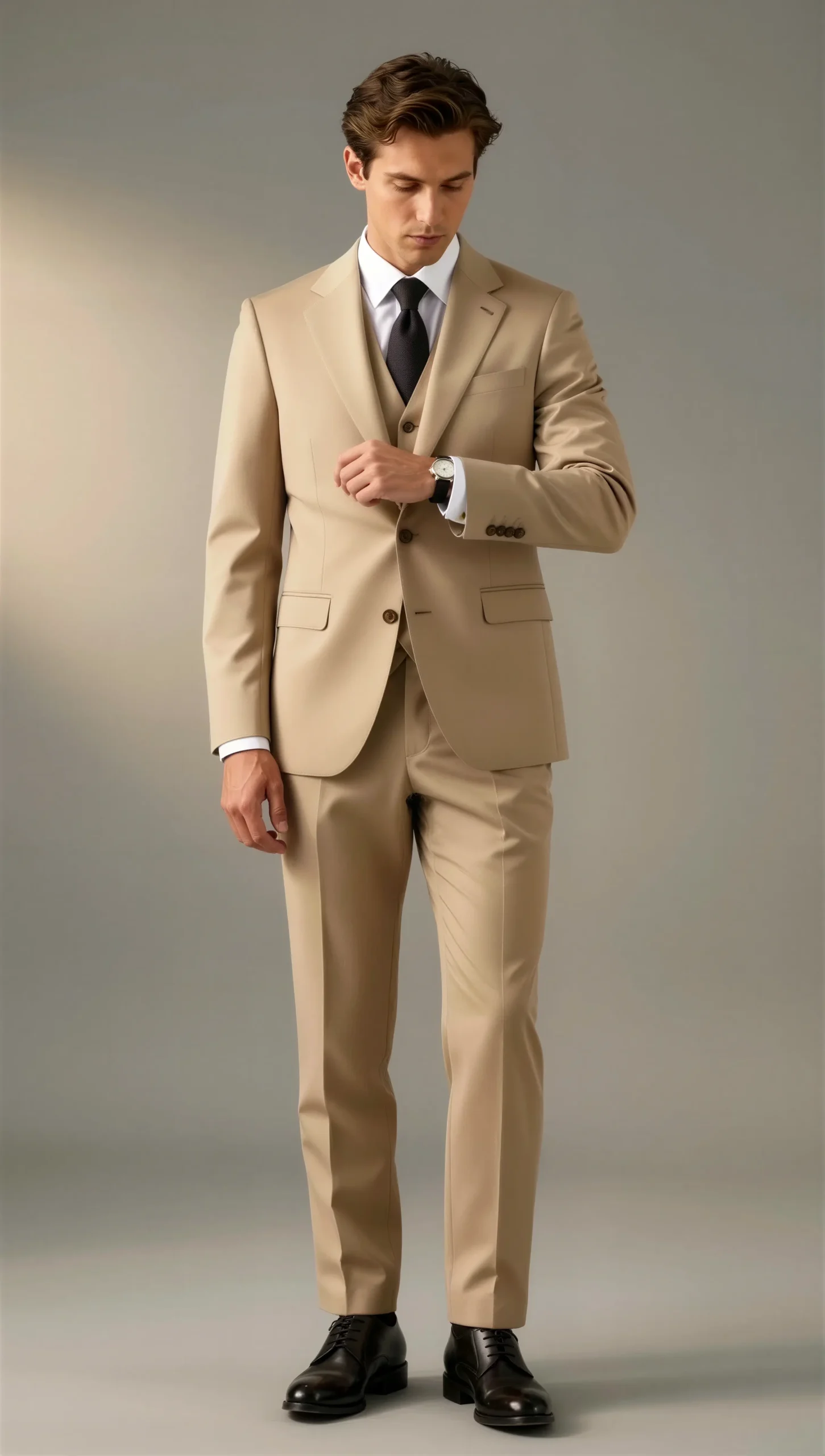Beige Tan Three-Piece Suit – Notch Lapel