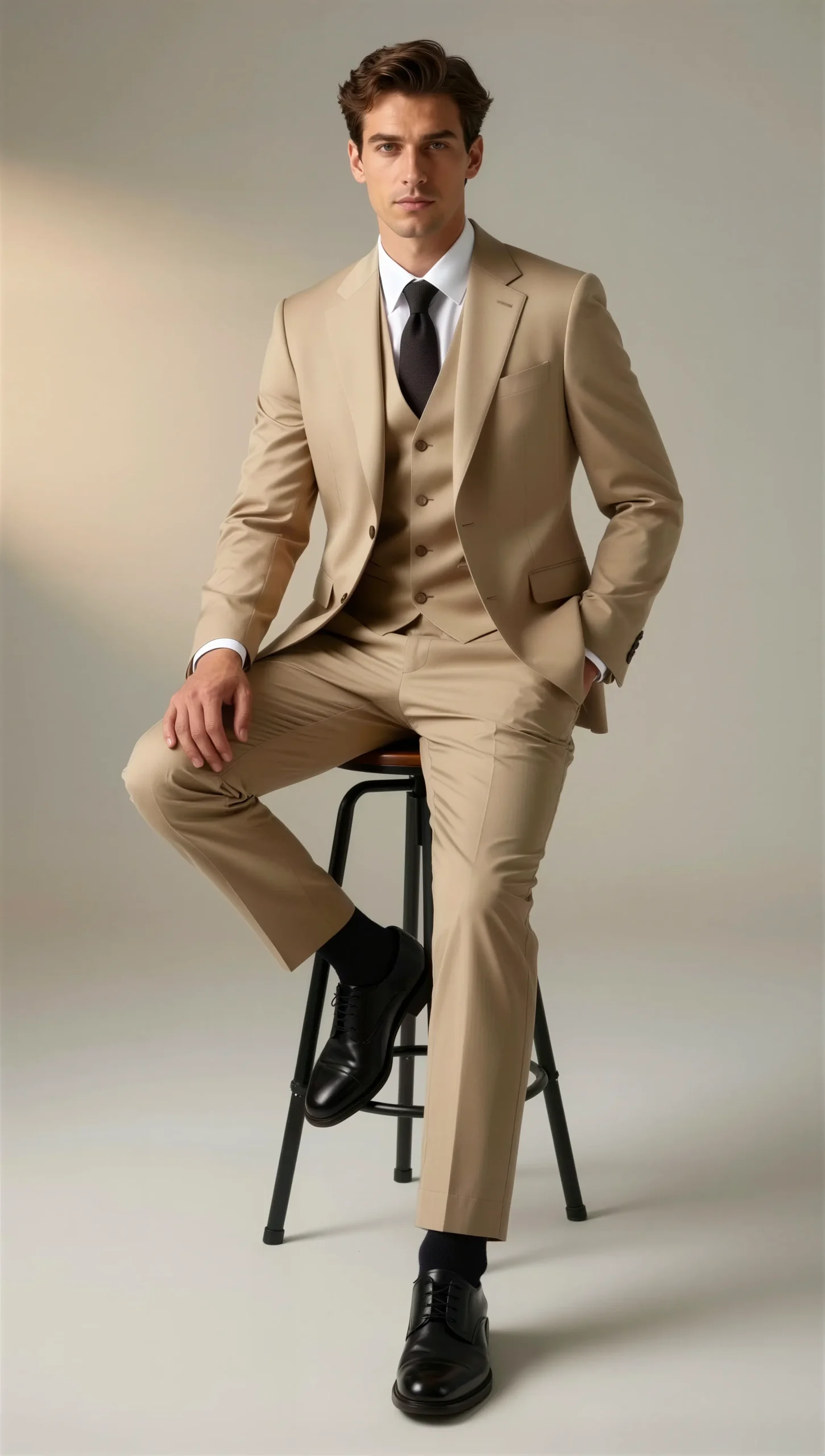 Beige Tan Three-Piece Suit – Notch Lapel