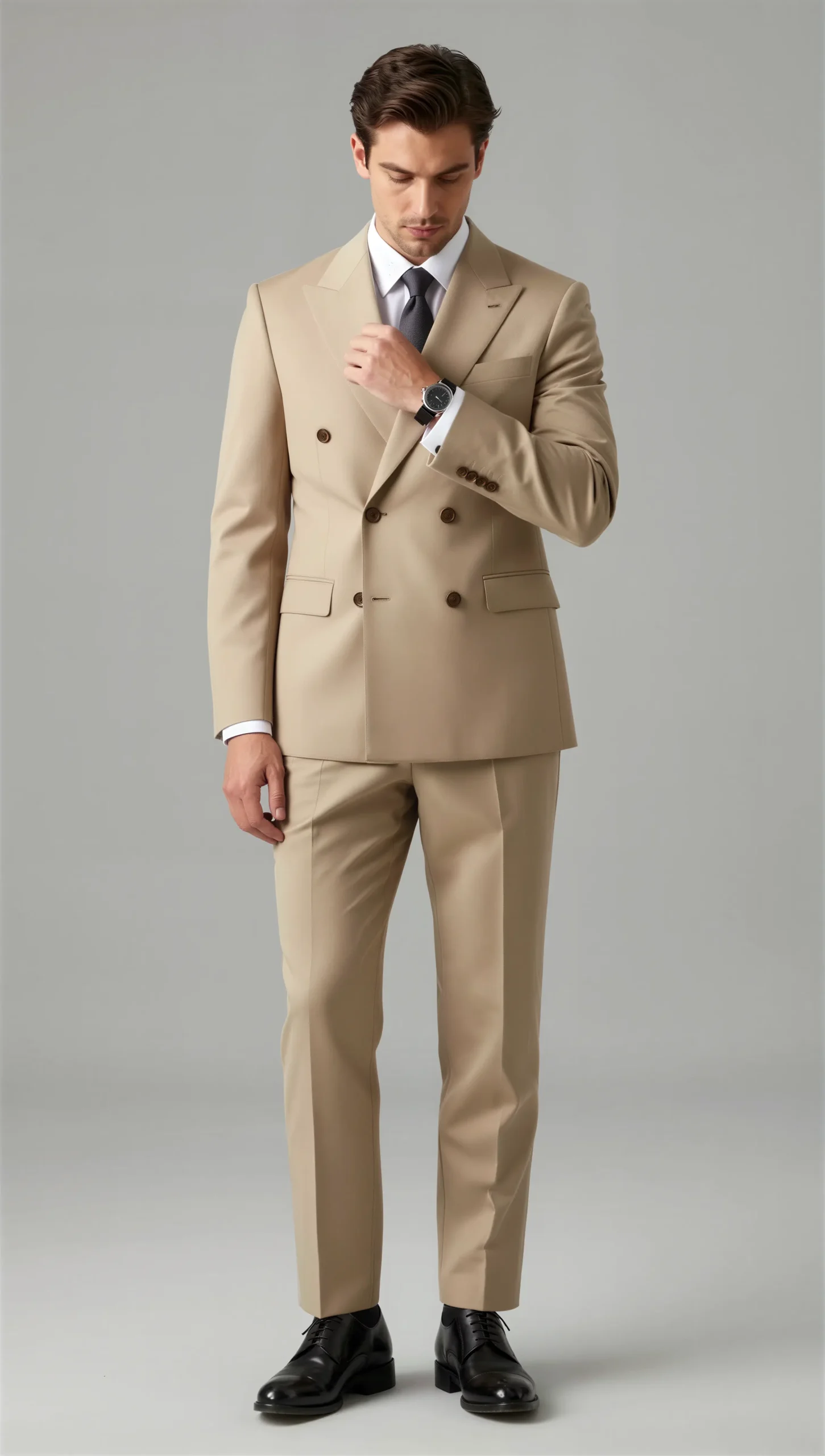 Two piece double breasted peak Beige tan