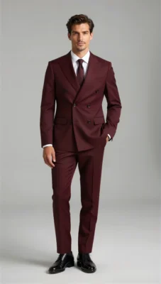 Two piece double breasted peak Burgundy wine