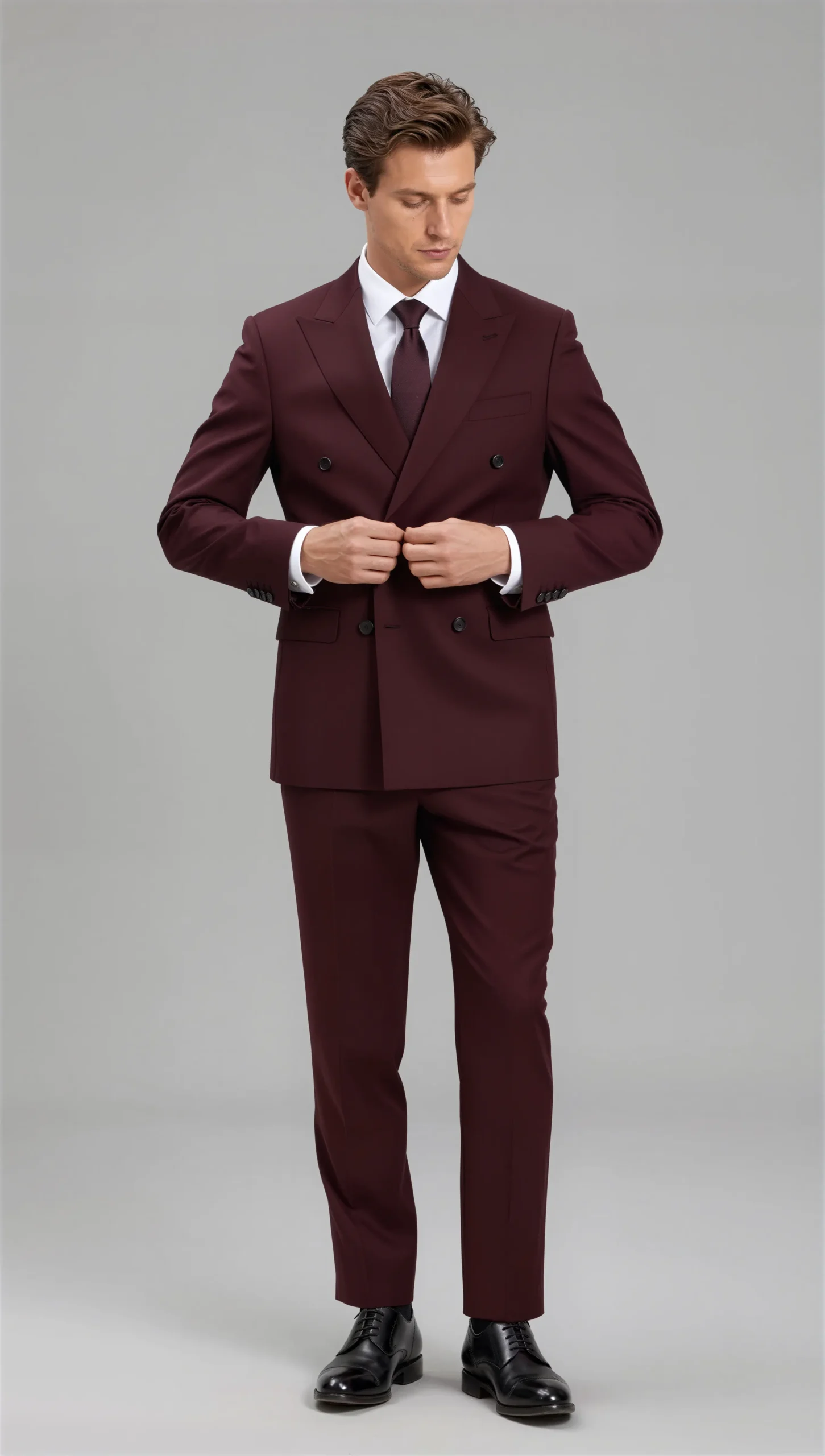 Two piece double breasted peak Burgundy wine