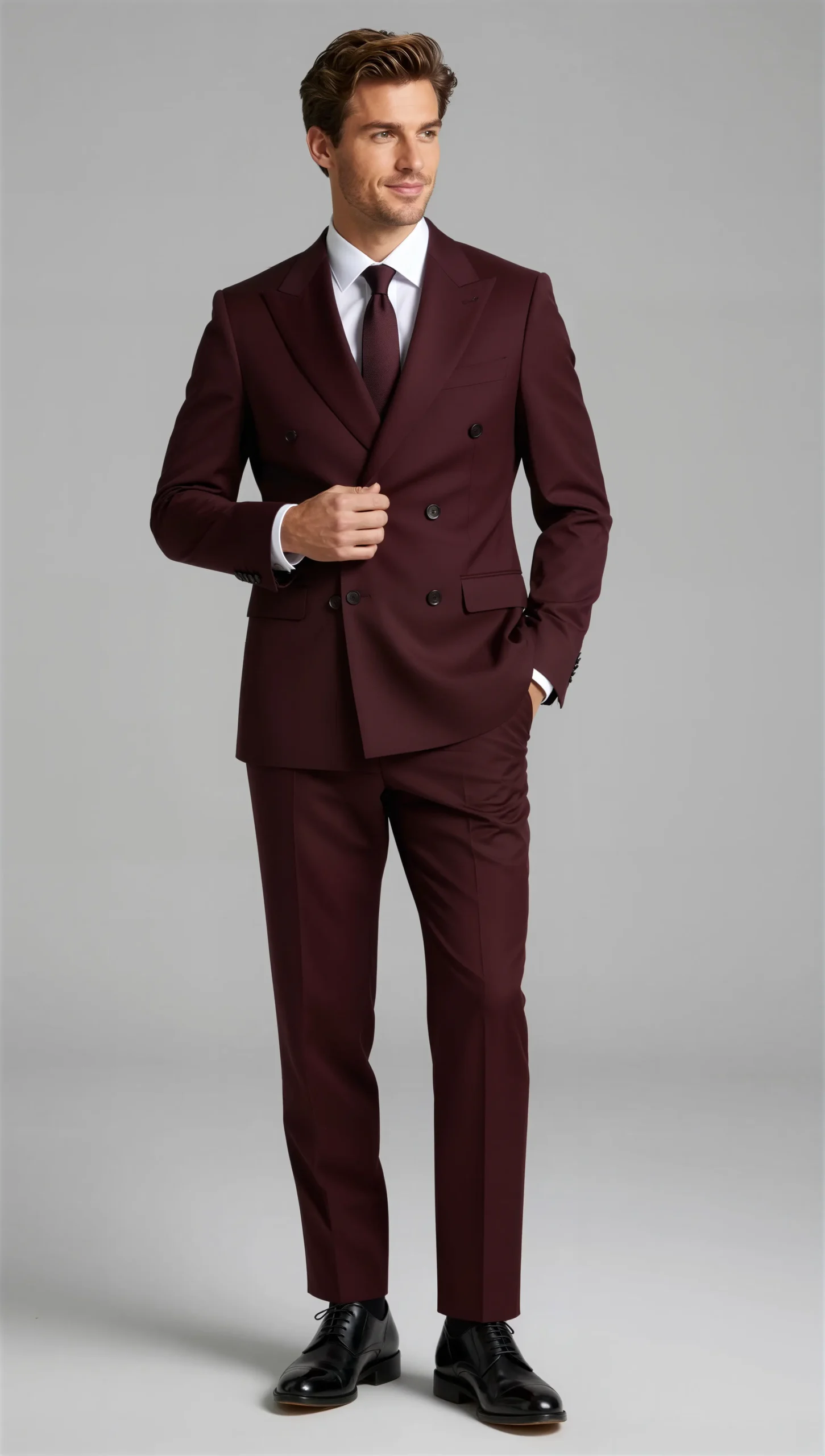Two piece double breasted peak Burgundy wine