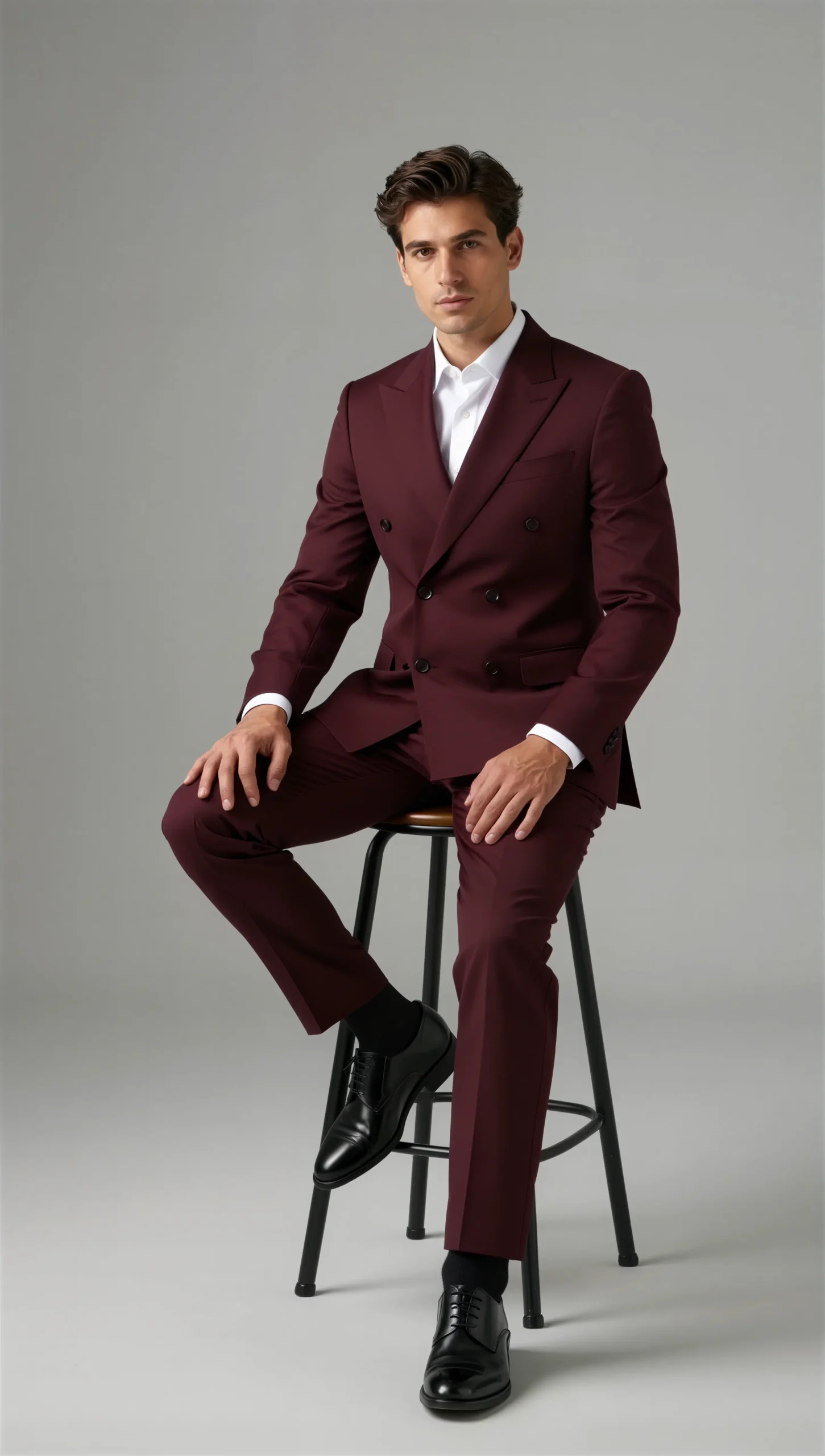 Two piece double breasted peak Burgundy wine