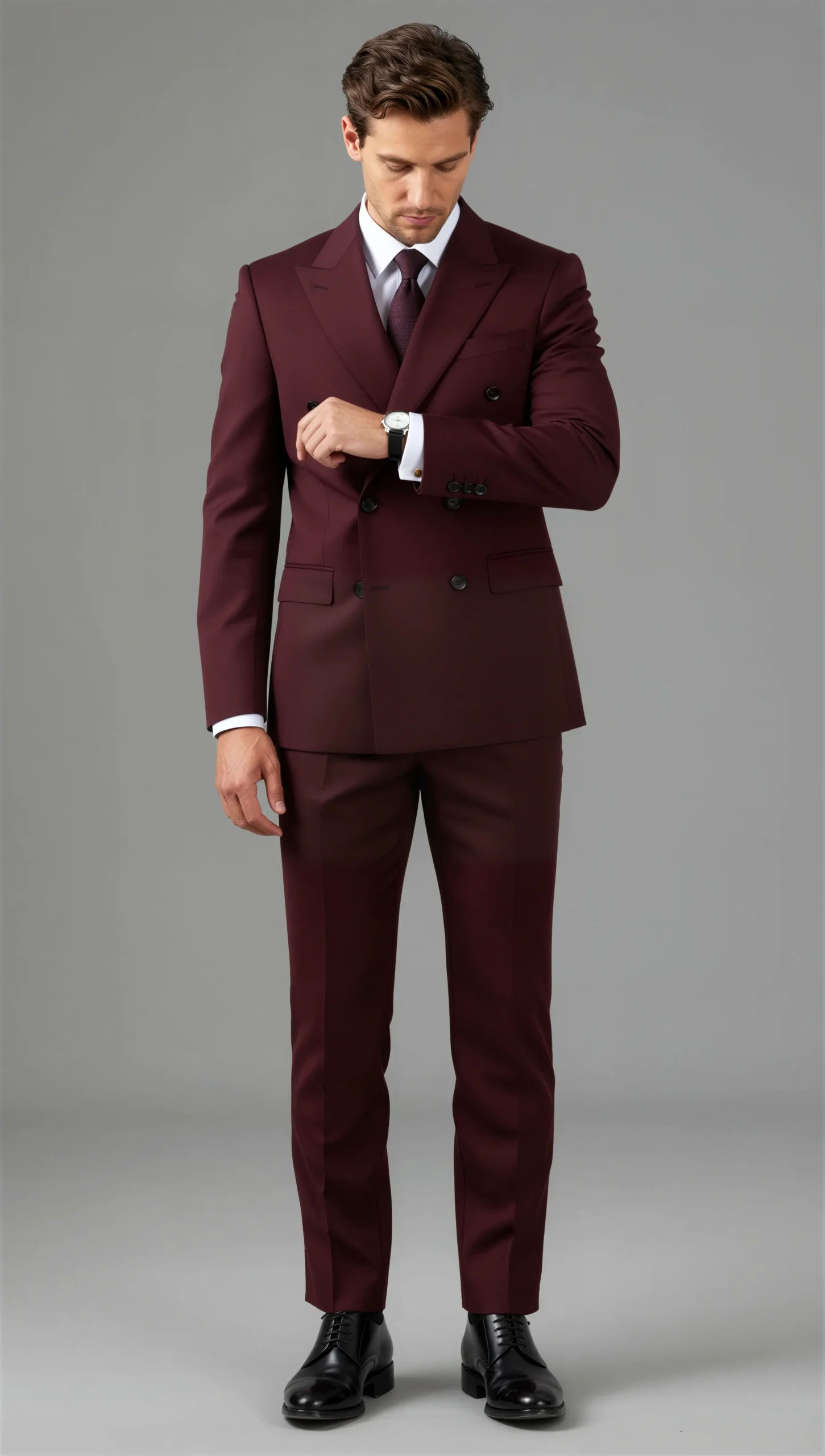Two piece double breasted peak Burgundy wine