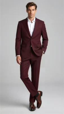 Two piece single breasted peak Burgundy wine