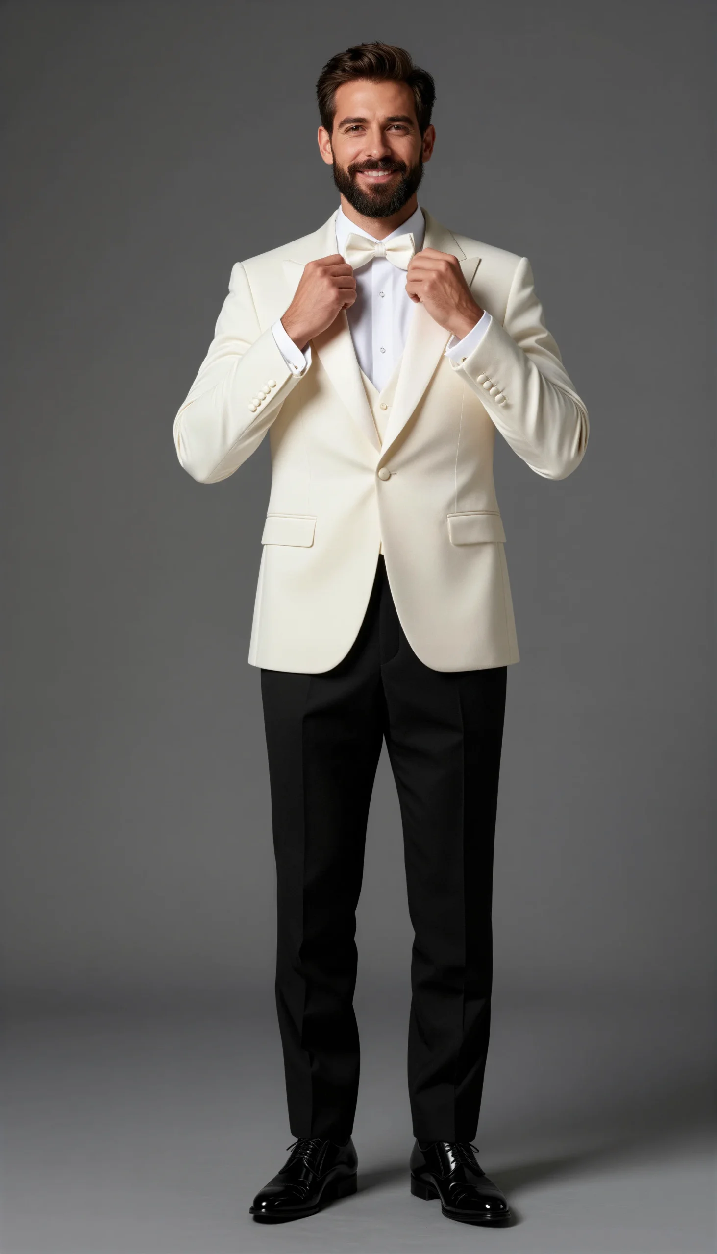 White ivory dinner jacket with black trousers