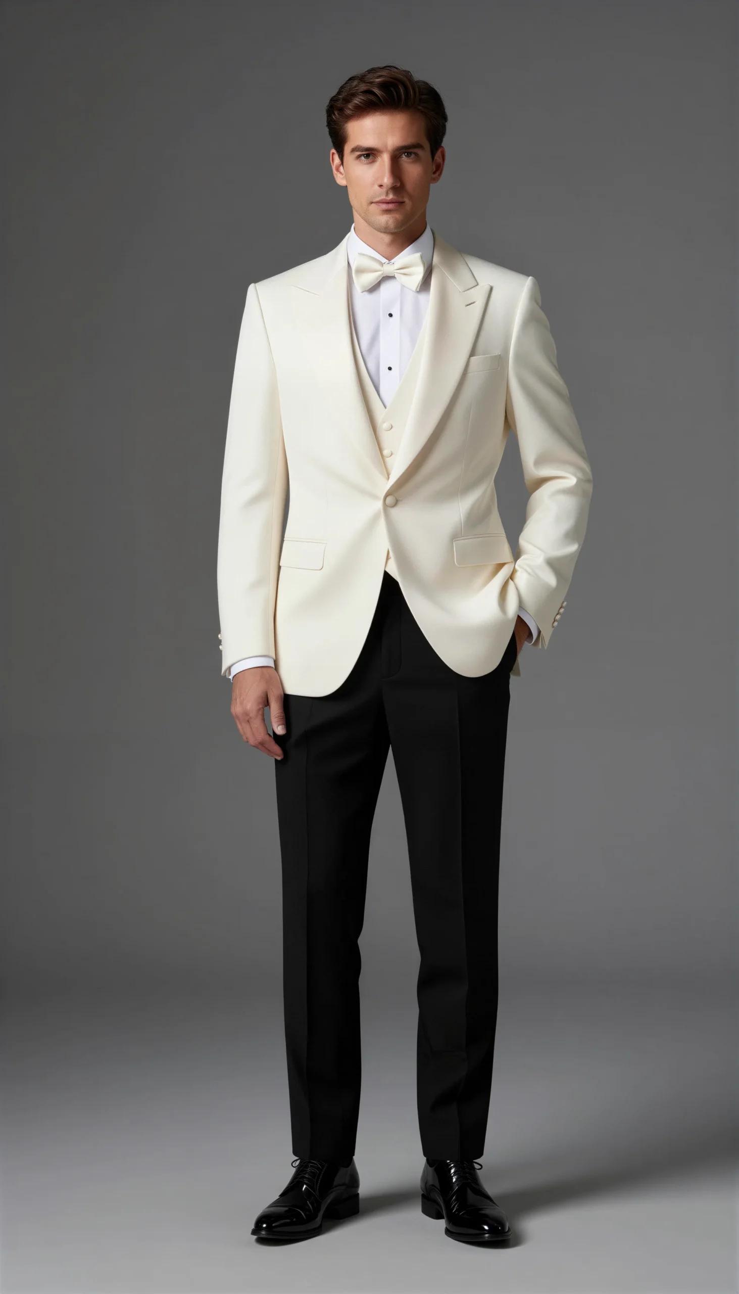White ivory dinner jacket with black trousers