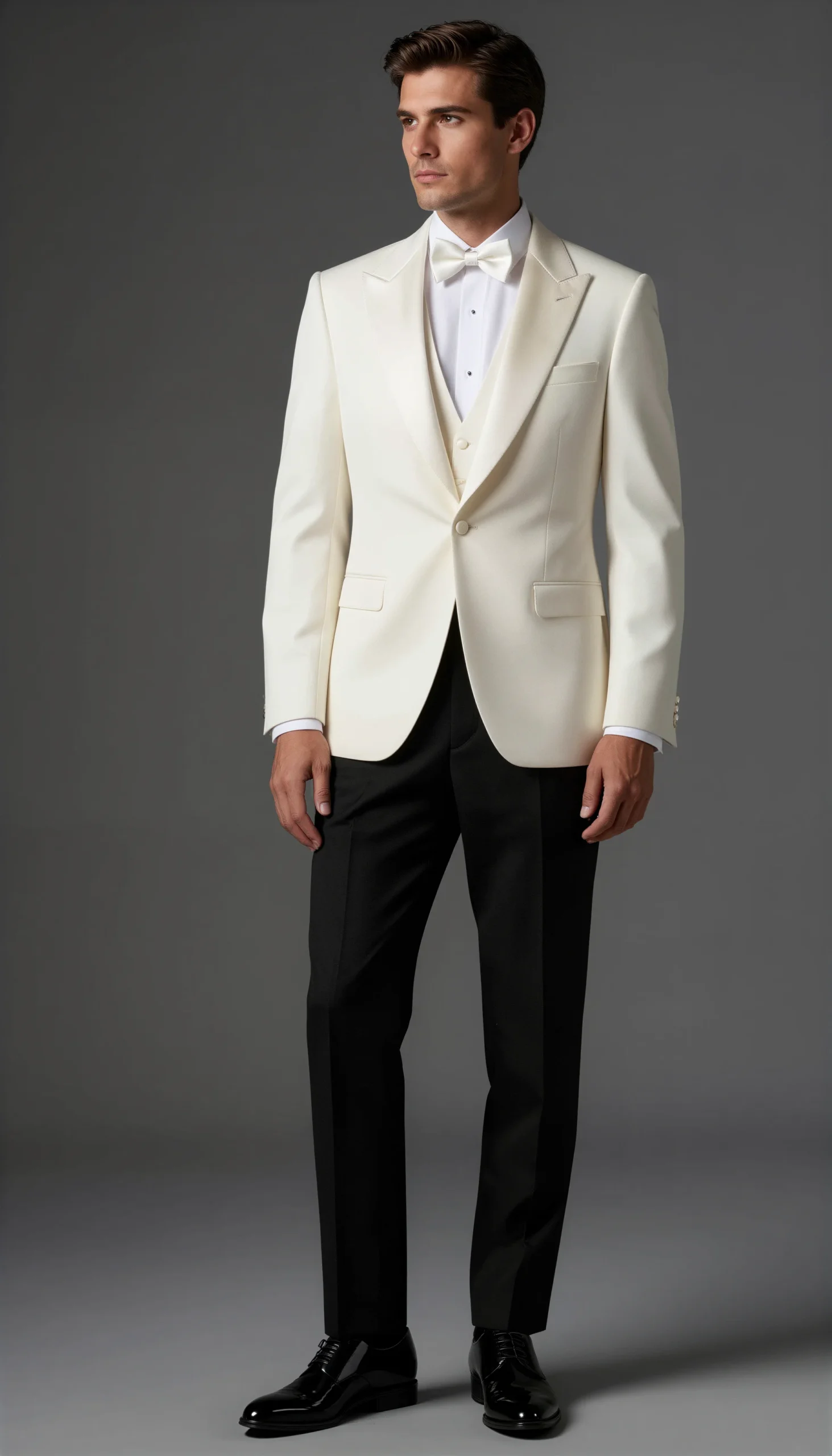 White ivory dinner jacket with black trousers
