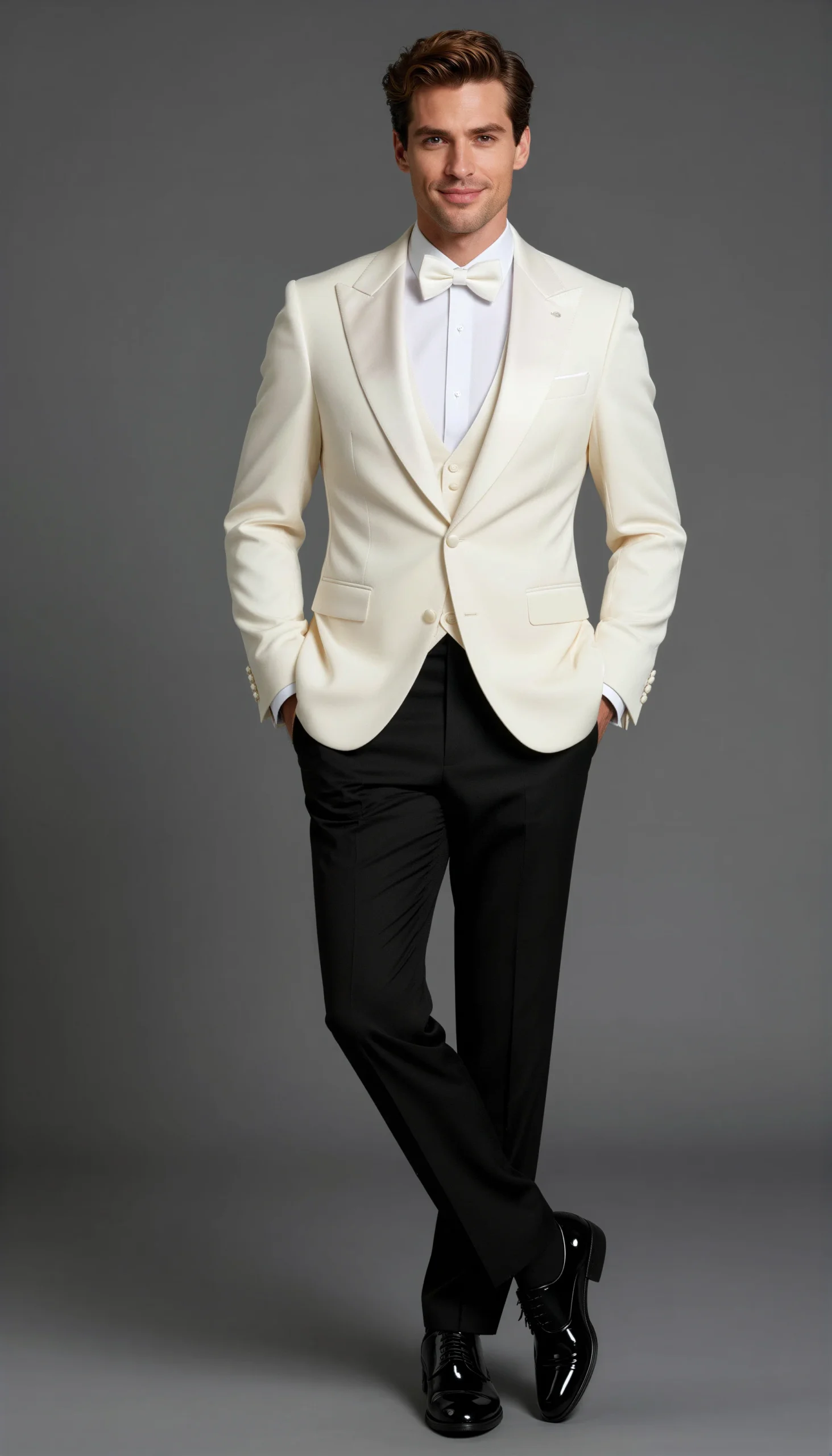 White ivory dinner jacket with black trousers