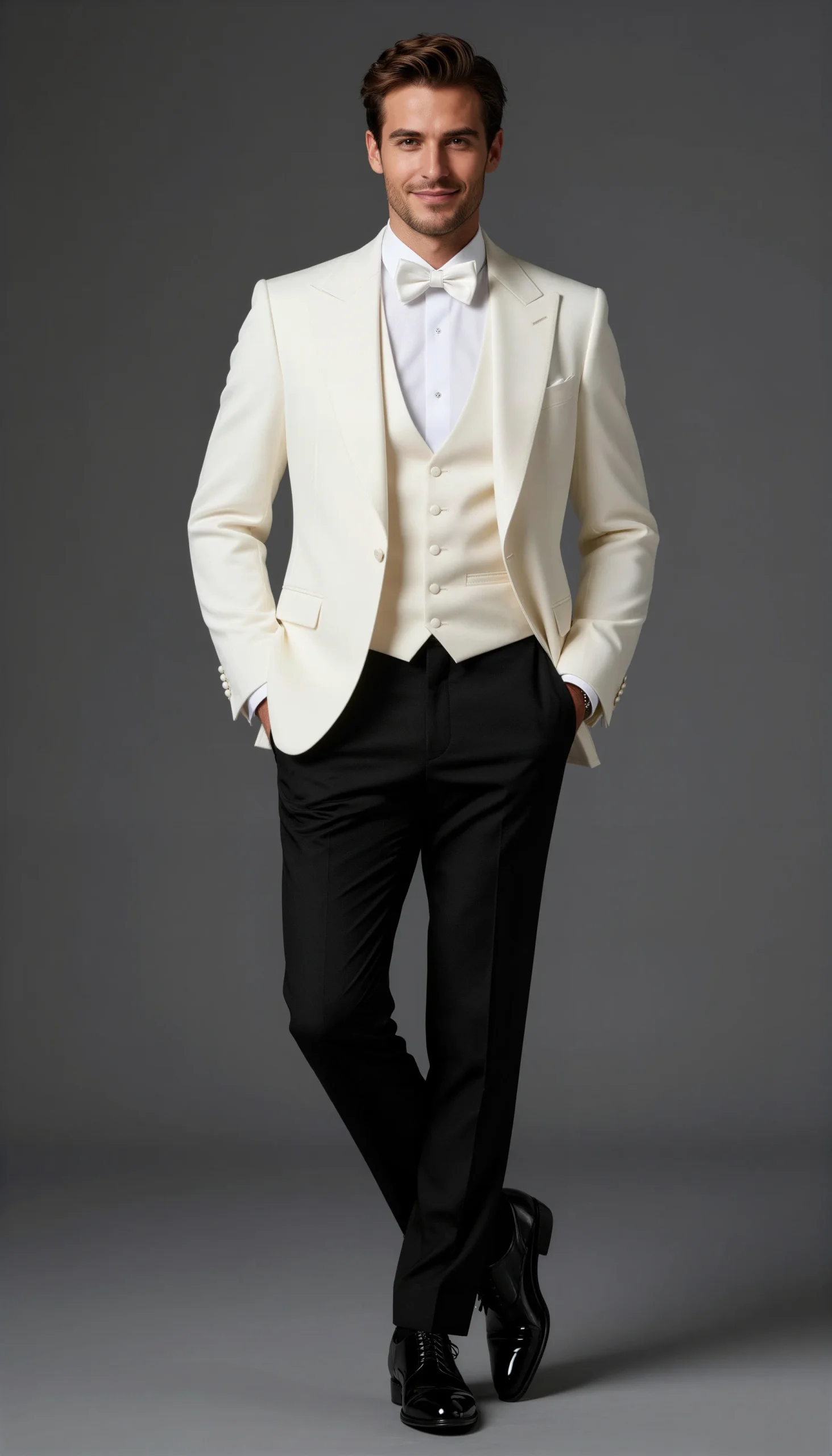 White ivory dinner jacket with black trousers