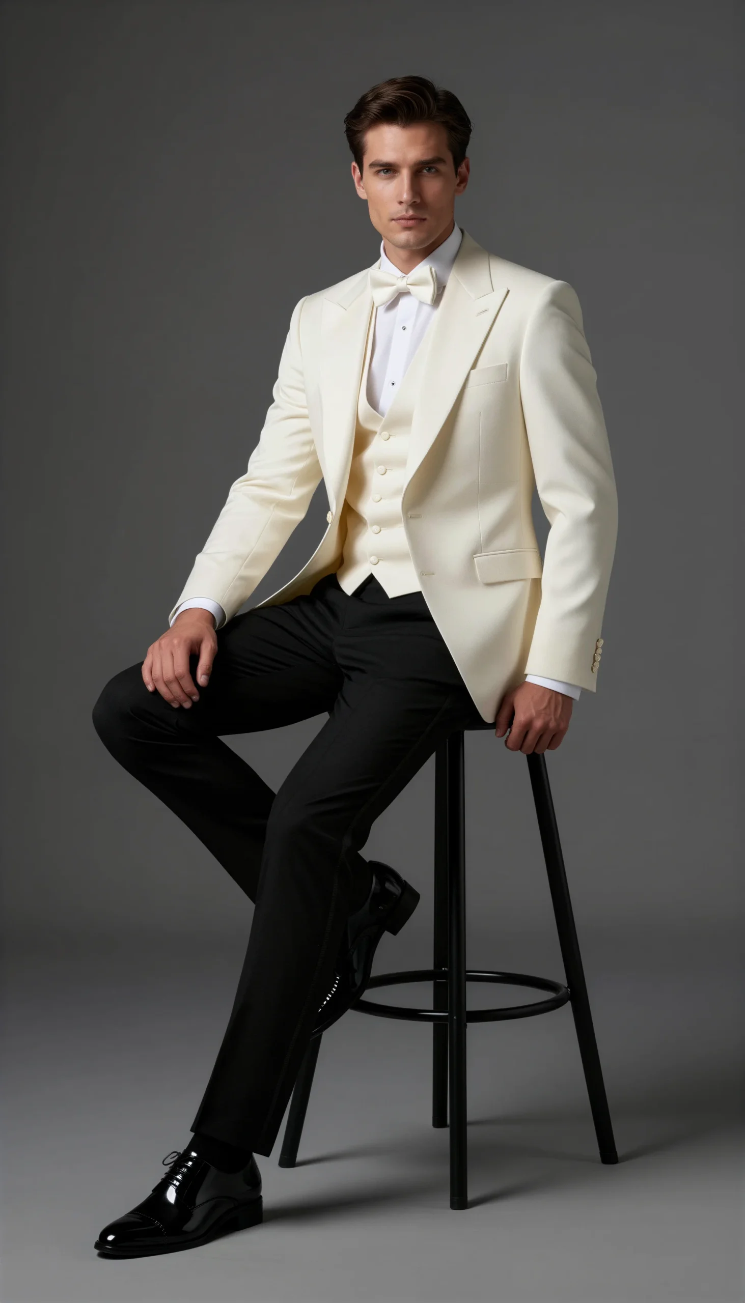 White ivory dinner jacket with black trousers