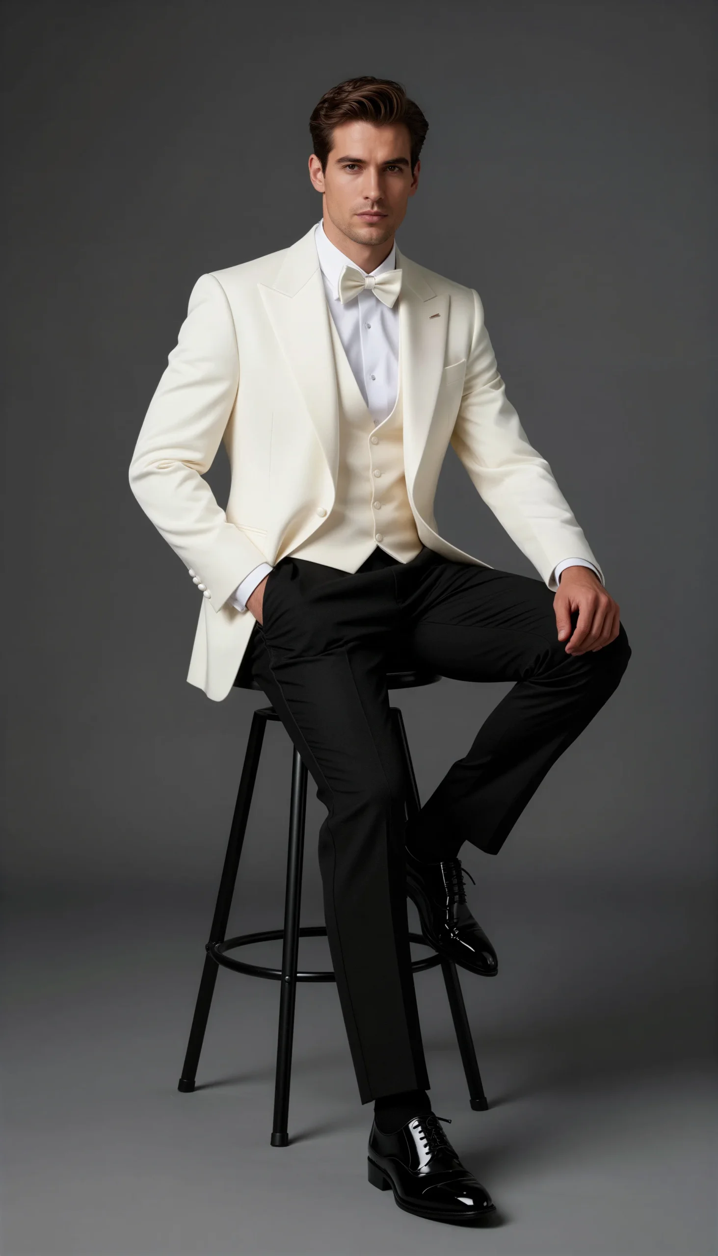 White ivory dinner jacket with black trousers